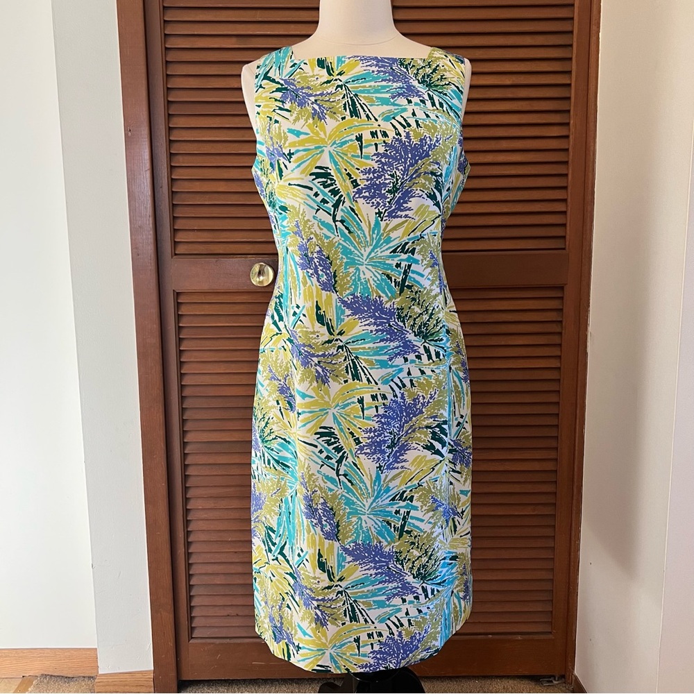 Talbots Leafy Tropical Print silk Dress - Yellow, Blue, Green 12
